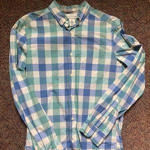 Men’s small button up green and blue plaid shirt